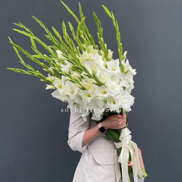 19 белых гладиолусов под ленту в Махачкале