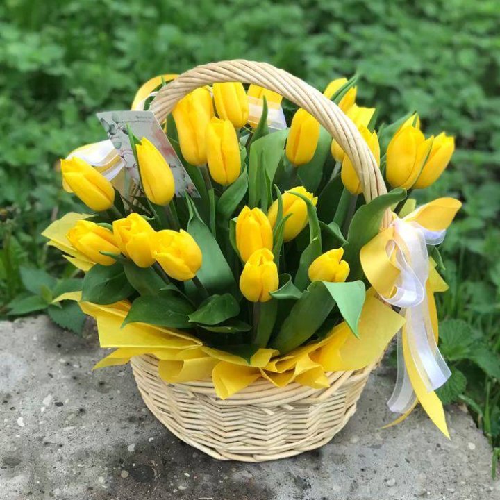 25 желтых тюльпанов в корзине в Махачкале