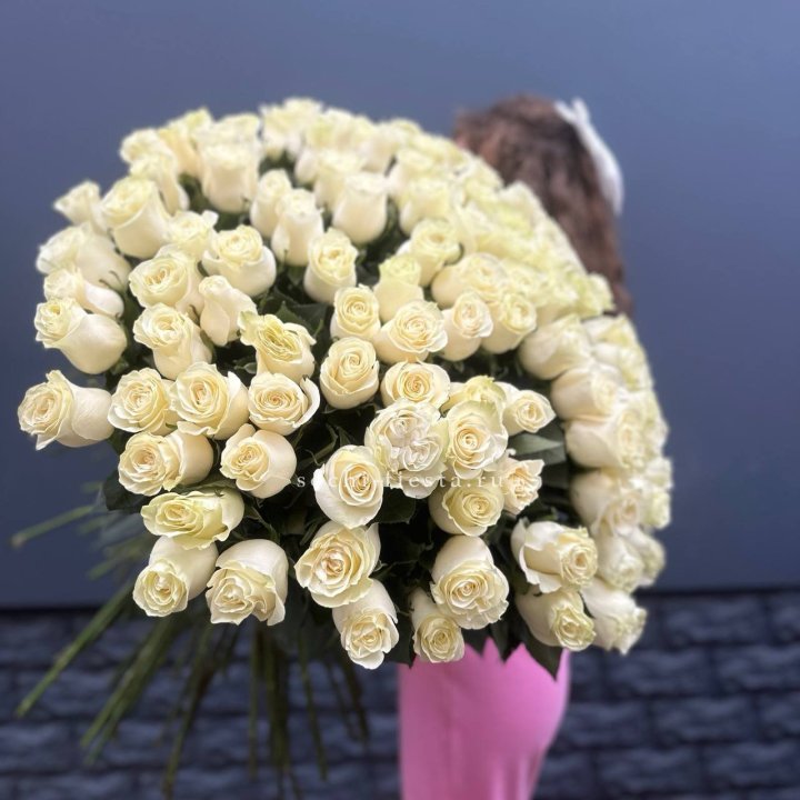 101 белая высокая импортная роза под ленту в Махачкале